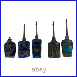 Vintage Middle Eastern Perfume Bottles Set 5 Colored Glass Metal Overlay Long Da