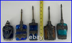 Vintage Middle Eastern Perfume Bottles Set 5 Colored Glass Metal Overlay Long Da