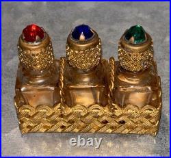 Vintage Mini French Perfume Bottles Gold Filigree With Rhinestones