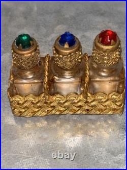Vintage Mini French Perfume Bottles Gold Filigree With Rhinestones