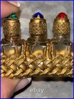 Vintage Mini French Perfume Bottles Gold Filigree With Rhinestones