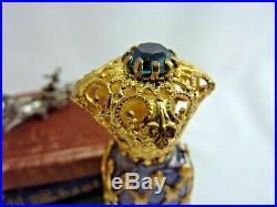 Vintage Miniature French Gold Gilt Lattice Filigree Blue Glass Perfume Bottle