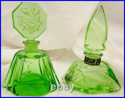 Vintage Morlee Czech Cut Crystal Green One Uranium Perfume Bottles AS IS