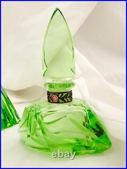 Vintage Morlee Czech Cut Crystal Green One Uranium Perfume Bottles AS IS