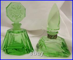 Vintage Morlee Czech Cut Crystal Green One Uranium Perfume Bottles AS IS