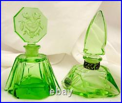 Vintage Morlee Czech Cut Crystal Green One Uranium Perfume Bottles AS IS