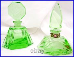 Vintage Morlee Czech Cut Crystal Green One Uranium Perfume Bottles AS IS