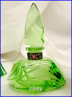 Vintage Morlee Czech Cut Crystal Green One Uranium Perfume Bottles AS IS