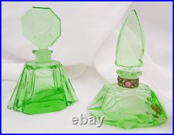 Vintage Morlee Czech Cut Crystal Green One Uranium Perfume Bottles AS IS