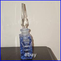 Vintage Morlee Czech Perfume Bottle Blue Cut Glass Crystal Diamond Stopper'20s