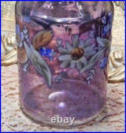 Vintage Moser Amethyst Glass Enameled Floral Perfume Bottle & Stopper Signed YY