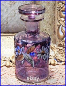 Vintage Moser Amethyst Glass Enameled Floral Perfume Bottle & Stopper Signed YY