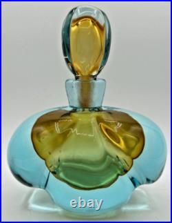 Vintage Murano Art Glass Perfume Bottle Teal and Yellow U256