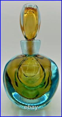 Vintage Murano Art Glass Perfume Bottle Teal and Yellow U256