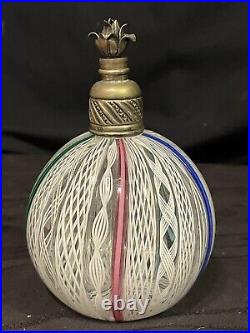 Vintage Murano Multi Color Latticino Art Glass Perfume Bottle with Silver Stopper