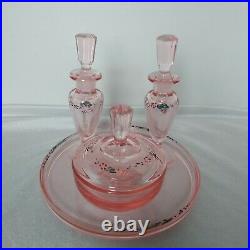 Vintage New Martinsville Glass Pink Vanitiy Set- Perfume Bottles, Puff Jar &Tray