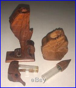 Vintage OYA Hawaii Milo Wood Hand Carved Seahorse & MONKEY POD Perfume / Bottles