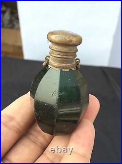Vintage Old Original Rare Unique Heavy Victorian Green Cut Glass Perfume Bottle