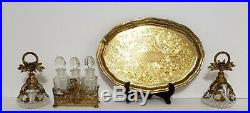 Vintage Ormolu Filigree Glass&Brass Perfume Bottles Glass Dauber Rods/Stand/Tray