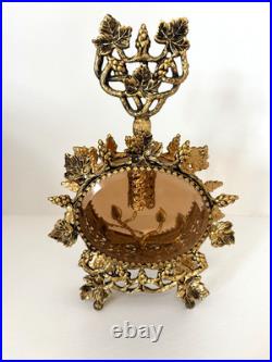 Vintage Ormolu Filigree Perfume Bottle Footed Amber Glass 9 3/4 Tall