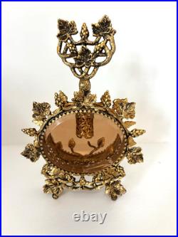 Vintage Ormolu Filigree Perfume Bottle Footed Amber Glass 9 3/4 Tall