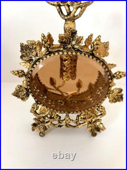 Vintage Ormolu Filigree Perfume Bottle Footed Amber Glass 9 3/4 Tall