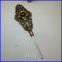 Vintage Ormolu Filigree Perfume Bottle Glass Panels Floral Finial Glass Vial