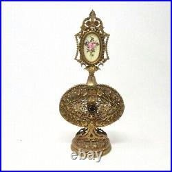 Vintage Ormolu Filigree Perfume Bottle with Rose Painting Hollywood Regency Glas