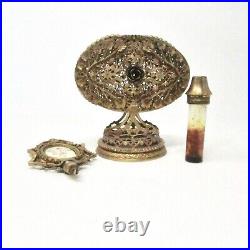 Vintage Ormolu Filigree Perfume Bottle with Rose Painting Hollywood Regency Glas