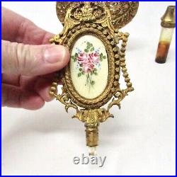 Vintage Ormolu Filigree Perfume Bottle with Rose Painting Hollywood Regency Glas