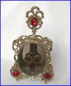 Vintage Ormolu Filigree Red Ruby Glass Jeweled Perfume Bottle Dauber Smoky 10