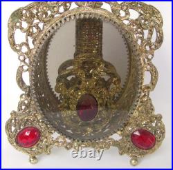 Vintage Ormolu Filigree Red Ruby Glass Jeweled Perfume Bottle Dauber Smoky 10