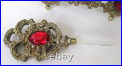 Vintage Ormolu Filigree Red Ruby Glass Jeweled Perfume Bottle Dauber Smoky 10