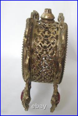 Vintage Ormolu Filigree Red Ruby Glass Jeweled Perfume Bottle Dauber Smoky 10