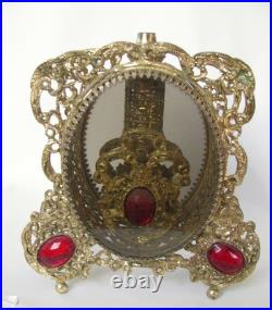 Vintage Ormolu Filigree Red Ruby Glass Jeweled Perfume Bottle Dauber Smoky 10