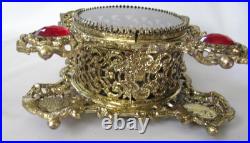 Vintage Ormolu Filigree Red Ruby Glass Jeweled Perfume Bottle Dauber Smoky 10