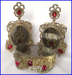 Vintage Ormolu Filigree Red Ruby Glass Jeweled Perfume Bottle Dauber Smoky 10