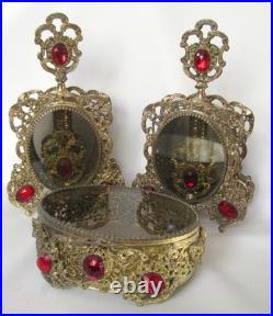Vintage Ormolu Filigree Red Ruby Glass Jeweled Perfume Bottle Dauber Smoky 10
