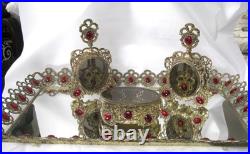 Vintage Ormolu Filigree Red Ruby Glass Jeweled Perfume Bottle Dauber Smoky 10