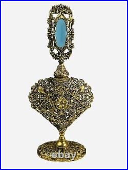 Vintage Ormolu Filigree Regency Perfume Bottle Blue Glass Stone Dauber 9