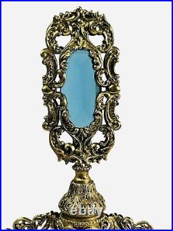 Vintage Ormolu Filigree Regency Perfume Bottle Blue Glass Stone Dauber 9