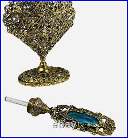 Vintage Ormolu Filigree Regency Perfume Bottle Blue Glass Stone Dauber 9