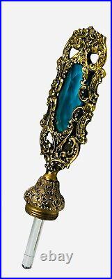 Vintage Ormolu Filigree Regency Perfume Bottle Blue Glass Stone Dauber 9