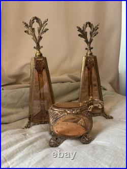 Vintage Ormolu Filigree Tufted Trinket Casket and Matching Perfume Bottles