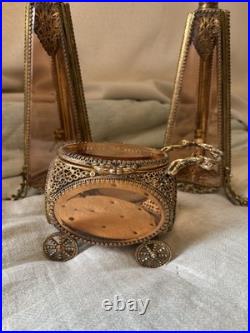 Vintage Ormolu Filigree Tufted Trinket Casket and Matching Perfume Bottles