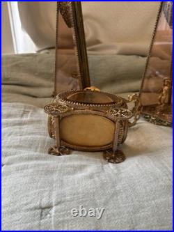 Vintage Ormolu Filigree Tufted Trinket Casket and Matching Perfume Bottles