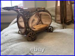 Vintage Ormolu Filigree Tufted Trinket Casket and Matching Perfume Bottles