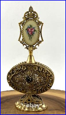 Vintage Ormolu Floral Rose Filigree Perfume Bottle Marked Apollo w Glass Dauber