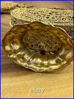 Vintage Ormolu Floral Rose Filigree Perfume Bottle Marked Apollo w Glass Dauber