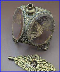 Vintage Ormolu Gilded Filigree Perfume Bottle With Glass Vile & Dauber 8.5
